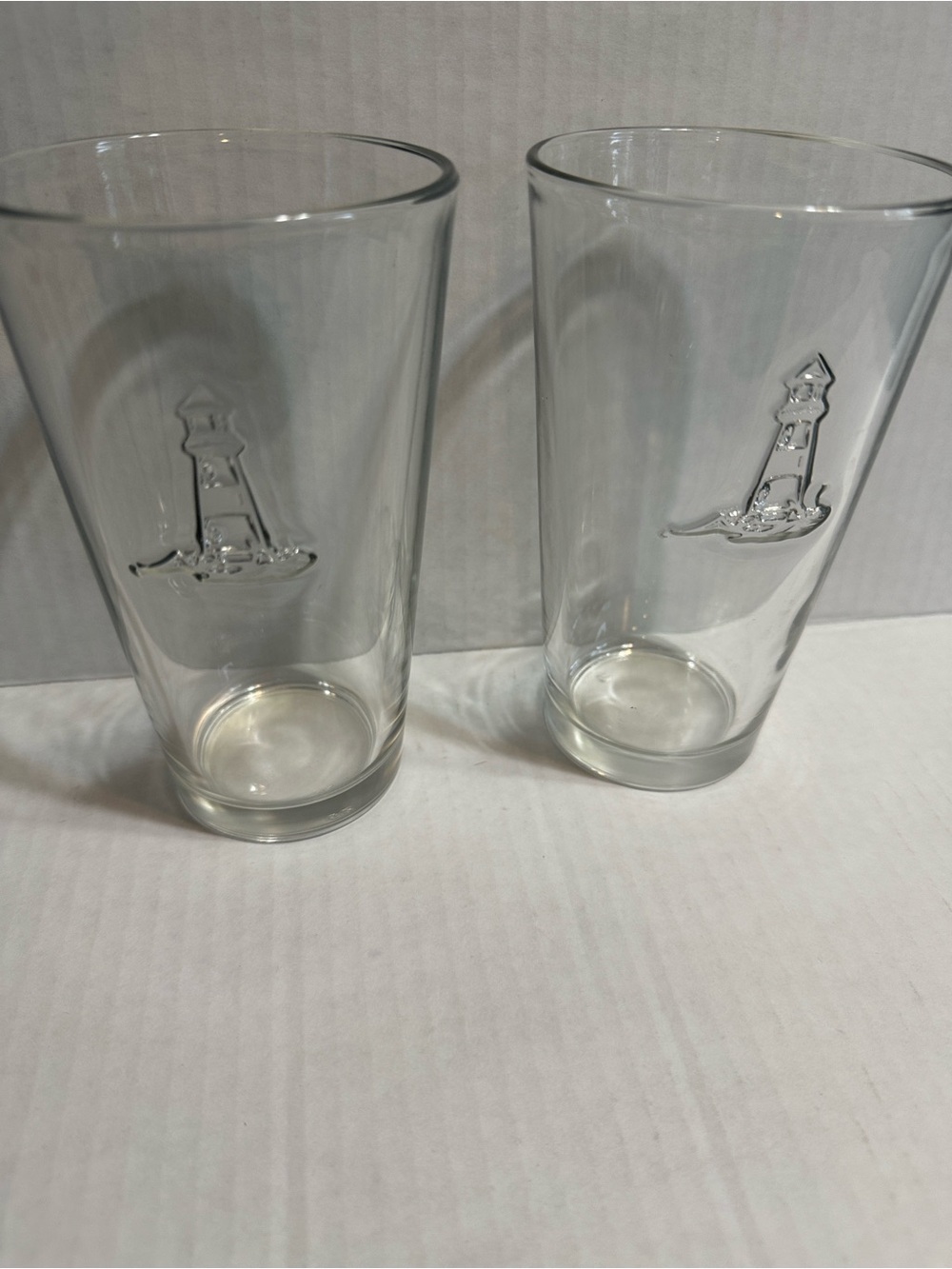 Set of 2 Clear Glass Pint Glasses Lighthouse Accent Coastal Nautical Barware